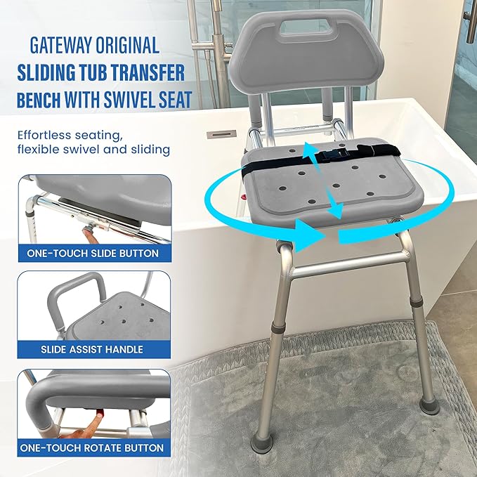 Gateway Premium Sliding Bath Transfer Bench with Swivel Seat-Padded (Gray)