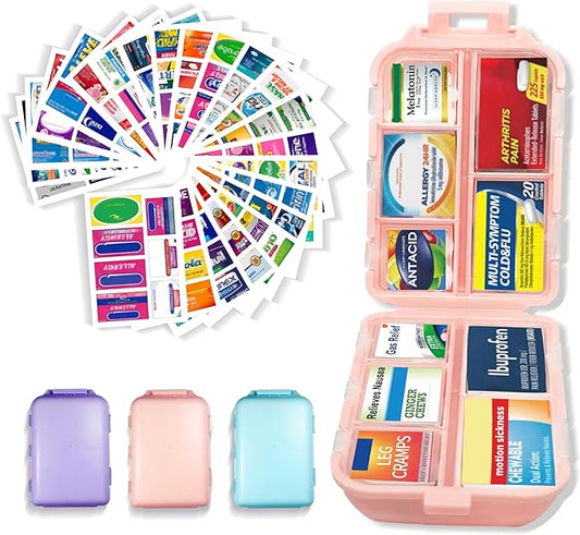 Pill Organizer with Medicine Labels 146 Labels Travel Daily Pill Container Mini Medication Organizer Storage Travel Essentials Pill Case 7 Day Pill Organizer (Blue+Pink+Purple, 3 Packs (Large))