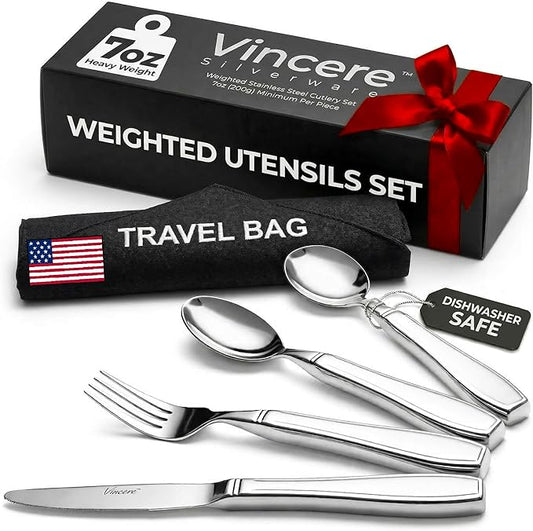 Weighted Utensils for Tremors and Parkinsons, Heavy Weight Stainless Steel Silverware Set, Adaptive Eating Flatware Helps Hand Tremors, Parkinsons Aids for Living, Arthritis - Knife, Fork, Spoons, 7oz