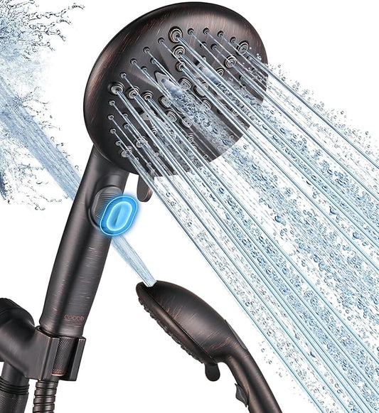 Cobbe High Pressure Shower Head with Built-in Pause Button, 9-Function Detachable Showerhead with Handheld Brass Swivel Bracket & Stainless Steel Hose, Water Saving 1-Click Stop, Oil Rubbed Bronze