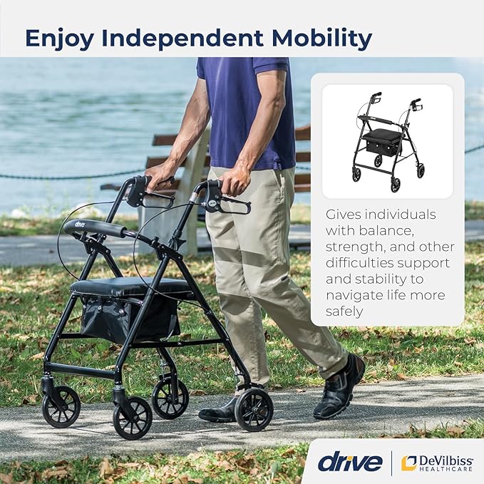 Drive Medical Aluminum Rollator Walker - Fold Up & Removable Back Support - Padded Seat - 6 Inch Wheels - Lightweight Portable Design - Indoor Outdoor Mobility Aid - Black