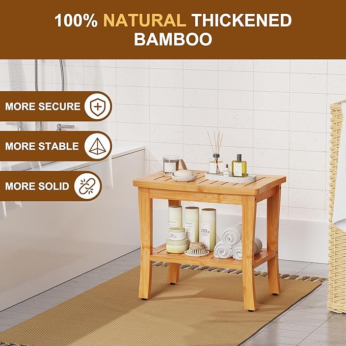 Large Bamboo Shower Bench Stool with Storage Shelf Waterproof Shower Chair Spa Bath Seat Shower Stool for Inside Shower Bathroom Bench Seat for Adults Elderly Seniors Bathroom Gadget 2024