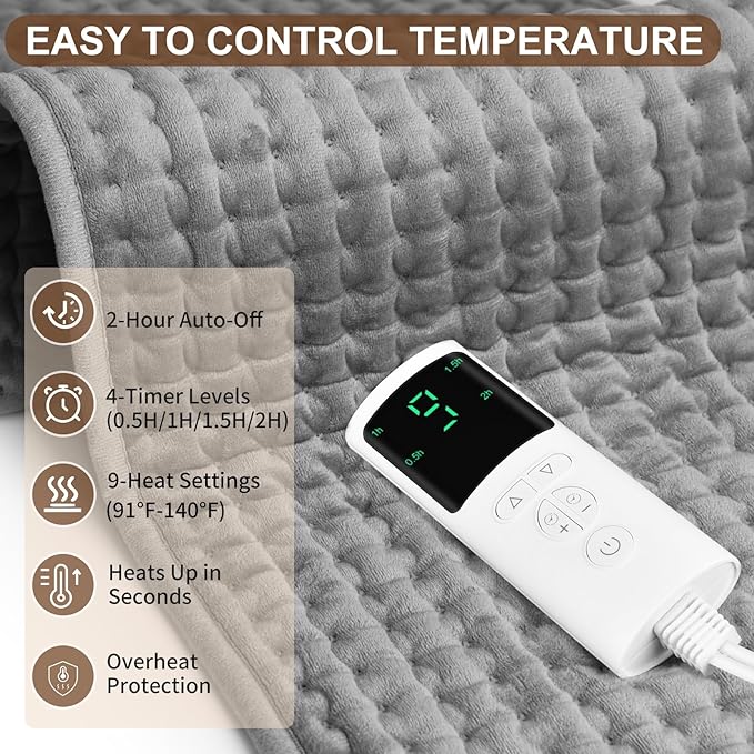 Moist Dry Heat Options, XL Electric Heating Pads, 9 Heat Settings, Machine Washable, Auto-Off