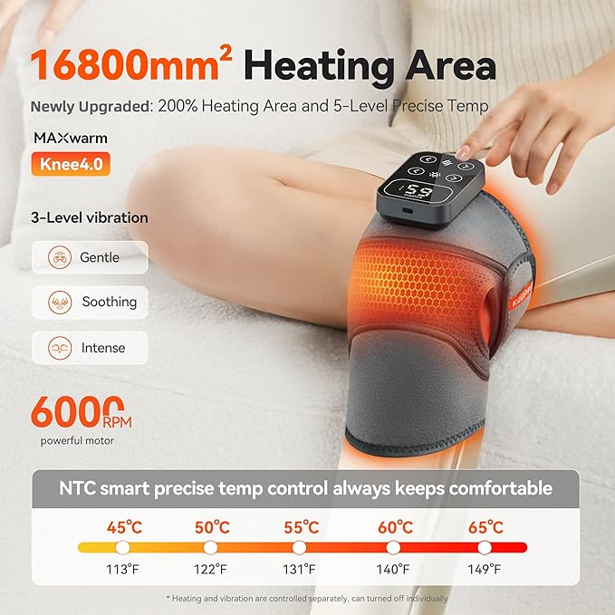 IKEEPFIT Cordless Knee Massager with Heat Vibration for Pain Relief, MAXwarm 4.0[2026 Upgraded] - Electric Heated Knee Brace with 5 Heat Levels and 3 Massage Mode, Gifts for Men Women (Grey, Pair)