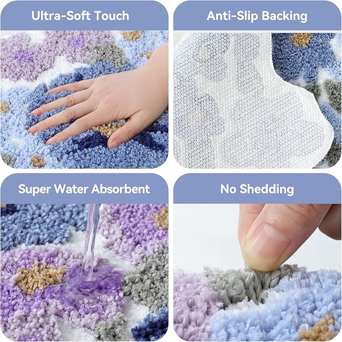 TRUEDAYS Wildflower Floral Bathroom Rug - Cute Tufted Non Slip Soft Flower Shaped Bath Mat, Washable Farmhouse & Cottagecore Bathroom Decor - Aesthetic Purple Rug for Vanity, Tub, Entryway