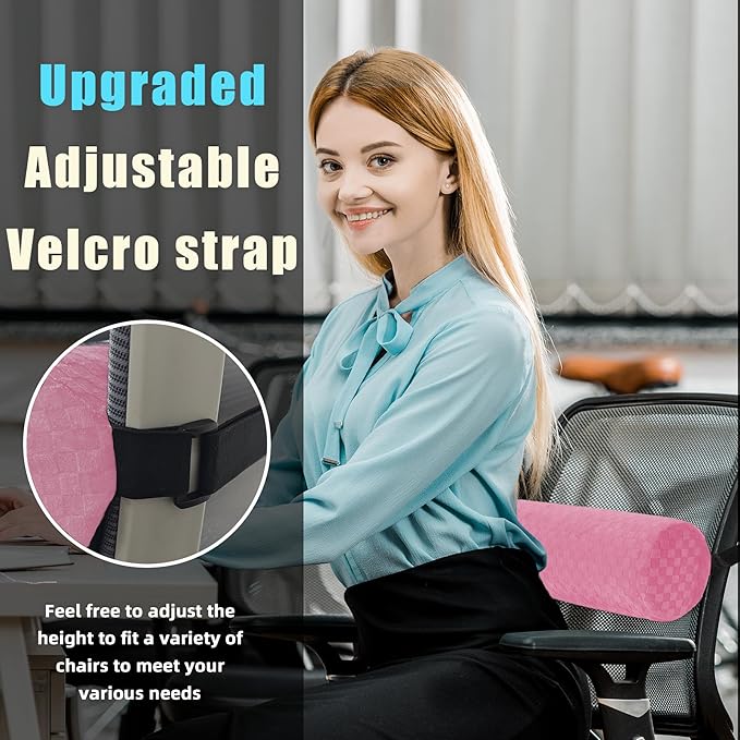 Lumbar Roll Pillow for Lower Back, Lumbar Support Foam Roll Cushion with Pillowcase and Upgraded Strap for Office, Chair, Car, Seat Pain Relief & Improving Posture (Pink, Short-11 * 4.3'')