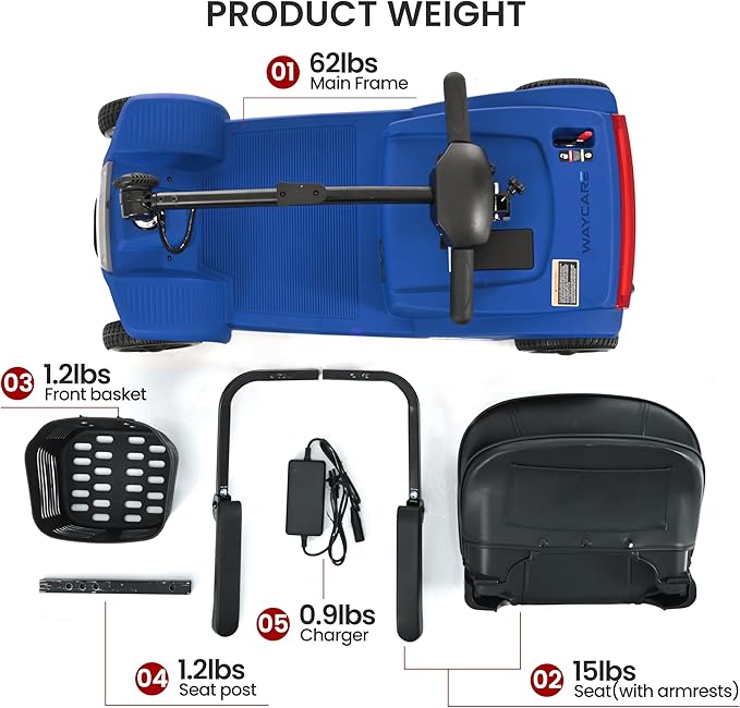 WayCare 15-25 Miles Long Range Mobility Scooter,Weight Capacity 300 LBS+ Powered Mobility Scooters for Seniors, Compact Duty Mobile for Travel with LED Headlight and Detachable Basket(Blue)