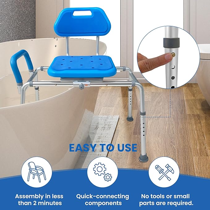 Gateway Premium Sliding Shower Chair Bath Transfer Bench with Swivel Padded Bath Tub Seat for Tubs and Shower, for Handicap & Seniors Mobility & Daily Living, Blue