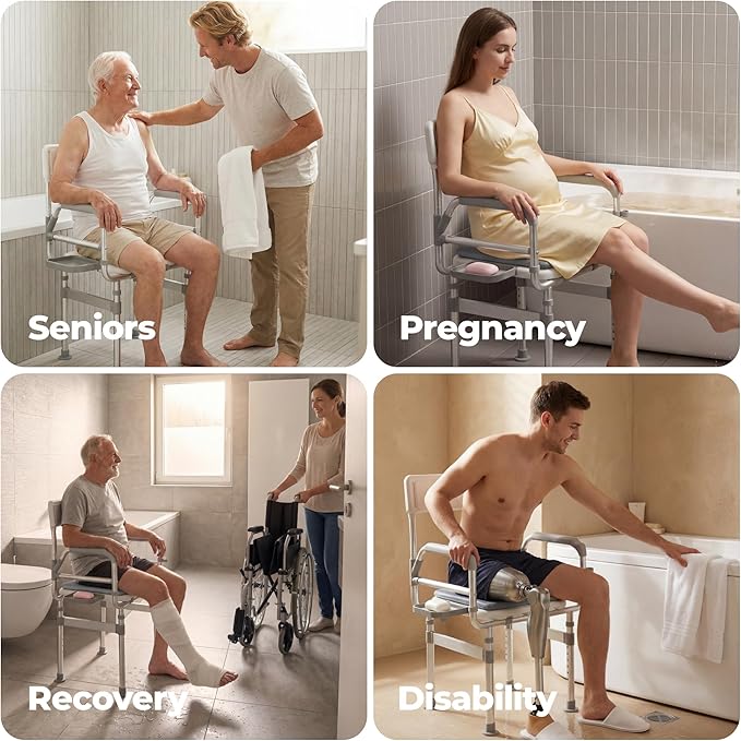 Folding Shower Chair for Inside Shower, Tub and Bathroom 440lb Weight Capacity - Height Adjustable Foldable Shower Chair for Elderly and Disabled - XXL Shower Seat with Arms, Back, Cushion & Shelf