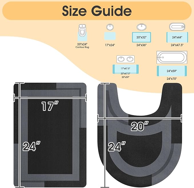 ACCUMTEK Non Slip Bath Mat, Thin Bathroom Rugs Fit Under Door, Quick Dry Bath Mats, Machine Washable Bath Rugs for Bathroom, Bathtub & Kitchen, Black/Bordered/24 x17+ 24"x20" Contour Rug