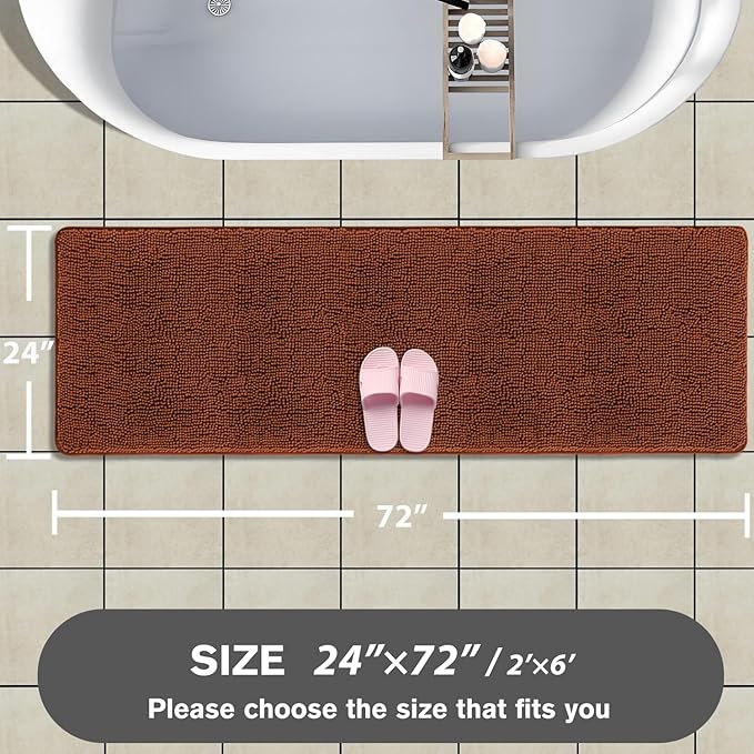 Bathroom Runner Rug 24 x 72 Non Slip – Extra Long Bath Mat | Absorbent and Washable Thick Chenille Runner Rug for Bathroom, Shower, Tub, Sink(Rust)