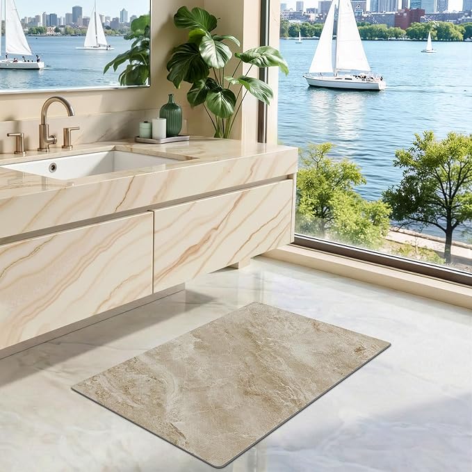 LUMI Ultra Thin Bath Mat, Super Absorbent Quick Dry Bathroom Rugs, Non-Slip Bathroom Mats, Marble Bathmats Fit Under Door, Bathtub, Sink, Shower Room, 24"x36", Brown