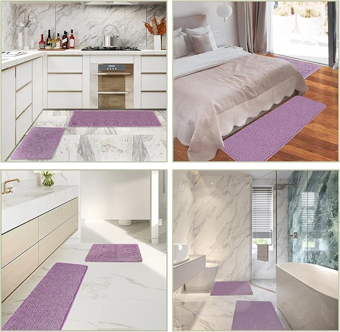 Bathroom Rugs Sets 2 Piece – Absorbent and Washable Bath Mat, Non-Slip, Thick Soft Chenille Bath Rugs for Bathroom Floor, Shower, Sink(17" x 24"+17" x 47", Lavender)