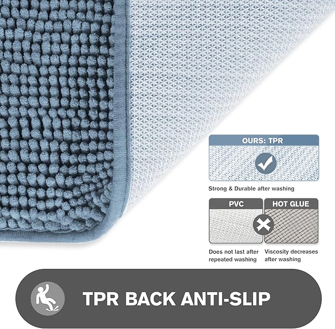 Blue Bathroom Rugs – Absorbent and Washable Bath Mat, Non-Slip, Thick Soft Chenille Bath Rugs for Bathroom Floor, Shower, Sink - 17" x 24"