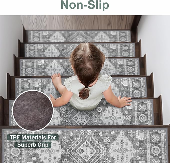 sarben Non Slip Stair Treads for Wooden Steps 15PCS - 8"x30" Indoor Safety Carpet, Edging Mats with TPE Adhesive Backing, Pet and Elderly Friendly Stair Rugs (Charcoal)