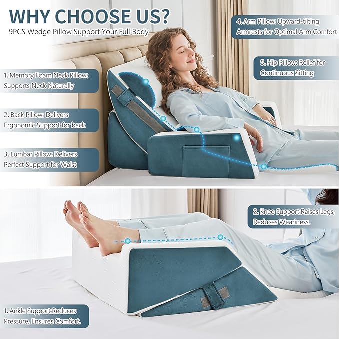 Yojoker 9PCS Orthopedic Bed Wedge Pillow Set for Sleeping, Back and Leg Pain Relief, Post Surgery Foam Pillow for Body, Triangle Adjustable Support Pillow - Acid Reflux Sleeping Pillows Navy
