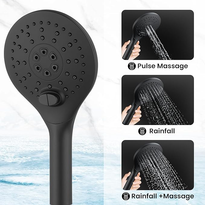 KPW Shower Head Detachable Handheld Matte Black 3 Spray Modes High Pressure Showers