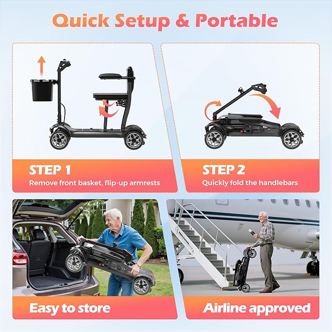 Lightweight Mobility Scooter for Adults & Seniors - Cruise & Airport Approved, 43lb Foldable Portable Motorized Scooters with Removable Lithium Battery for 12.4 Miles Travel, 300lb Capacity, Black