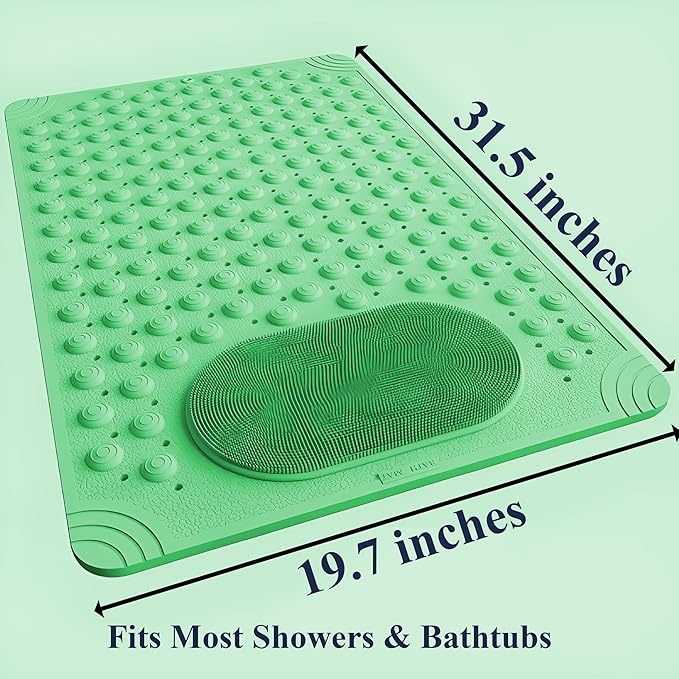 Bath Mat for Tub and Shower – Anti-Slip with Suction Cups, Exfoliating Foot Scrubber, Drain Holes & Massage Points – PVC, 19.7” x 31.5” – Non-Slip Mat for Seniors, Families, Spa Use