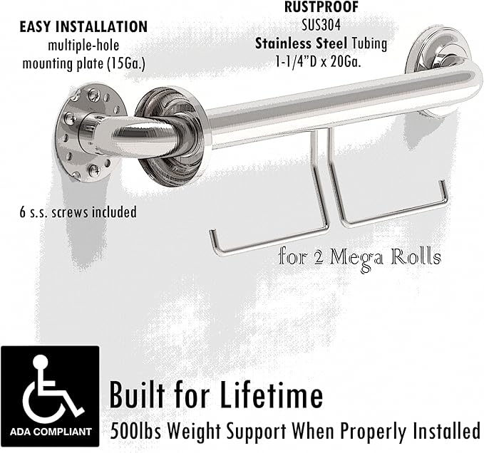ADA Compliant Grab Bar with Toilet Paper Holder (2 Mega Rolls), 500lbs Weight Support, 1-1/4 x 16 inch for Stud Mount, Brushed Nickel