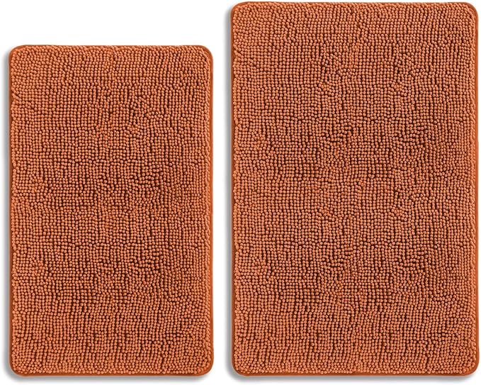 Burnt Orange Bathroom Rugs Sets 2 Piece – Absorbent and Washable Bath Mat, Non-Slip, Thick Soft Chenille Bath Rugs for Bathroom Floor, Shower, Sink - 20" x 32"+24" x 36"