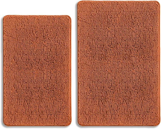 Burnt Orange Bathroom Rugs Sets 2 Piece – Absorbent and Washable Bath Mat, Non-Slip, Thick Soft Chenille Bath Rugs for Bathroom Floor, Shower, Sink - 20" x 32"+24" x 36"
