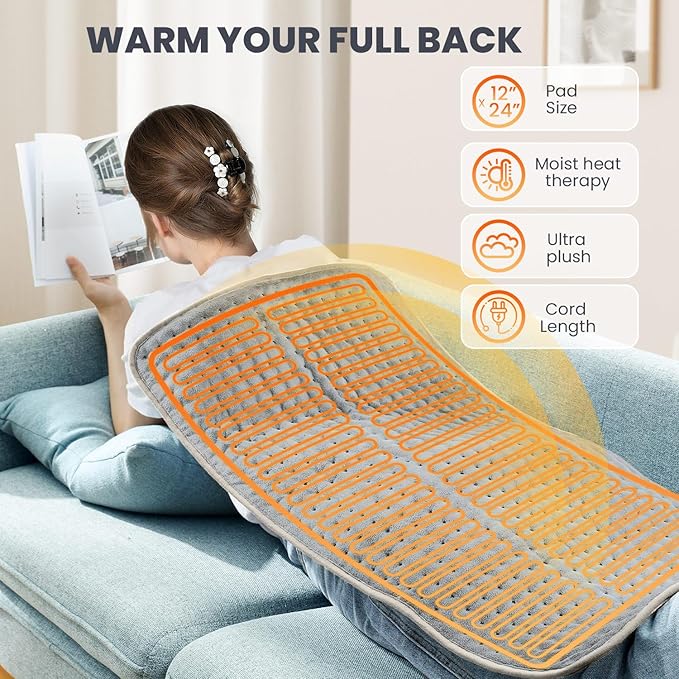 Heating Pad - Electric Heating Pad for Back Pain and Cramps Relief, Moist Heat Pad for Shoulder, Knee, Neck, 6 Heat Settings & Auto Shut Off and Machine Washable, 24" x 12"