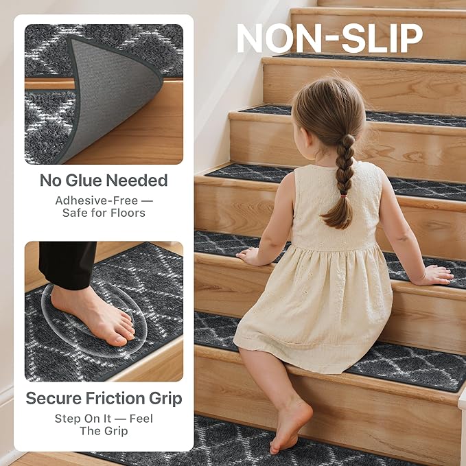Non Slip Microfiber Stair Treads for Wooden Steps, 15PCS 8"x30" Indoor Safety Carpet, 3D Cut & Loop Tufted Edging Mats with TPE Adhesive Backing, Pet & Elderly Friendly Stair Rugs (Charcoal/White)