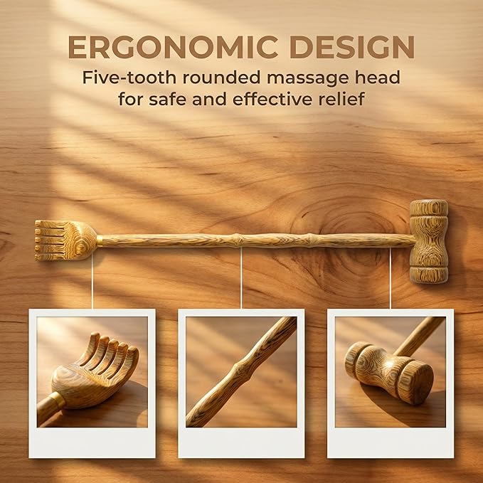 2 in 1 Wooden Back Scratcher and Massager Hammer, Long Handle Manual Back Tapper for Itching Relief, Muscle Relaxer for Back Neck Shoulder, Portable Handheld Massage Tool for Adults Elderly