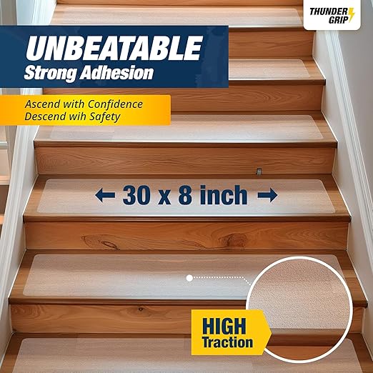 Clear Stair Treads Non-Slip 30"x8" - 15-Pack Indoor Stair Grips Non Slip for Wooden Steps - Anti Slip Adhesive Strips for Dogs & Elderly - Staircase Step Treads - Transparent Treads for Wood Stairs