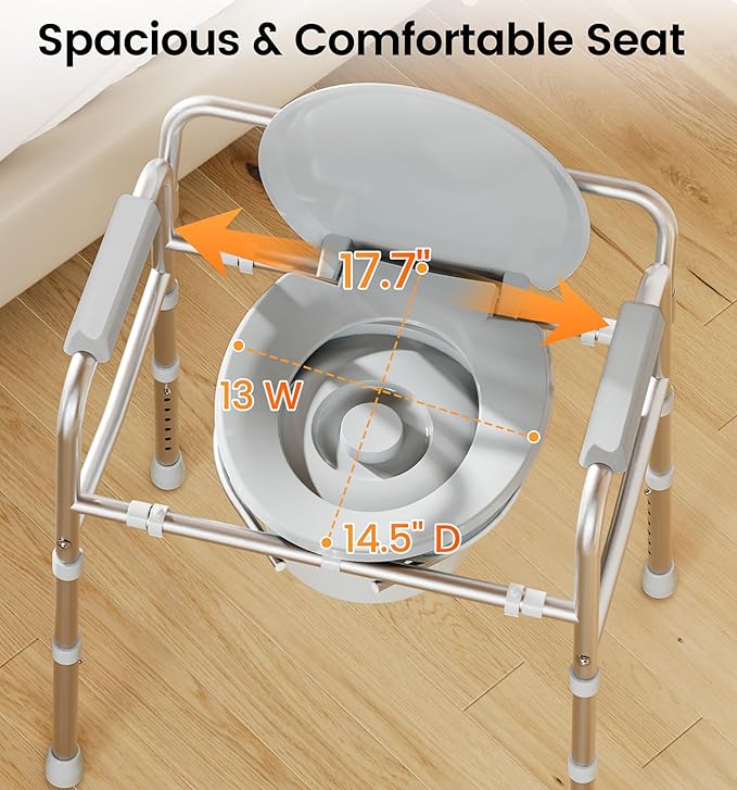 SOUNDFUSE 3 in 1 Bedside Commode Chair, Sturdy Dual-Crossbar Support, 350 Lbs Weight Capacity, Bedside Commode for Seniors with 7.5Qt Bucket, Portable Potty Chair for Adults, Silver
