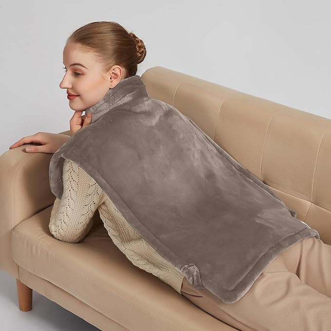 26" x 35" Flannel Neck&Shoulder&Back Heating Pad with 12 Temperature Settings&Countdown timer, Pain Relief for Back/Neck/Shoulders/Menstrual Pain, Christmas Gifts for Women Men Mom Dad(Light Tan)