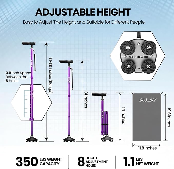 Allay Walking Canes for Men & Women - Adjustable Canes for Women for Stability, Self Standing Wide Quad Pivot Base, Light Weight, Soft Handle Grip and Travel Bag, Walking Sticks for Seniors & Adults