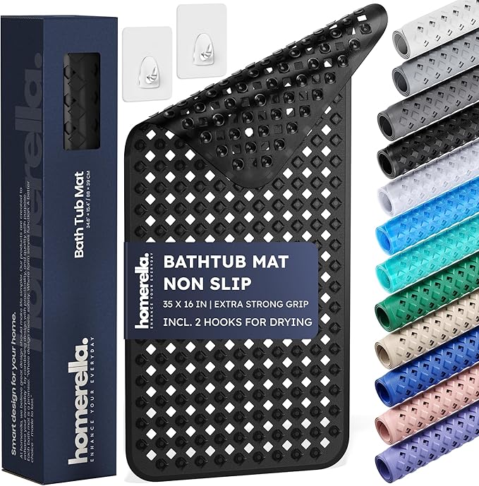Bathtub Mat Non Slip 35x16 - homerella® Bath Mat Incl. Hooks for Drying, Extra Long, 100% BPA Free, Shower Mat Non Slip Anti Mold, Machine Washable, Shower Mats for Inside Shower Mildew Resistant