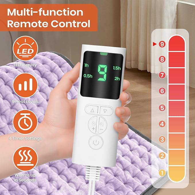 Heating Pad for Back Pain Relief, Heating Pads for Period Cramps with 9 Heat Settings & 4 Timers Auto-off, Machine Washable, Dry & Moist Heat, Soft Electric Heating Pad for Sore Muscles,Gift,12''×24''