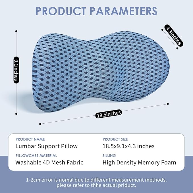 kasney Lumbar Support Pillow, Memory Foam Lumbar Pillow for Lower Back Pain Relief, Back Support Pillow for Office Chair, Car Seat - Blue