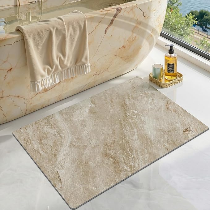 LUMI Ultra Thin Bath Mat, Super Absorbent Quick Dry Bathroom Rugs, Non-Slip Bathroom Mats, Marble Bathmats Fit Under Door, Bathtub, Sink, Shower Room, 24"x36", Brown