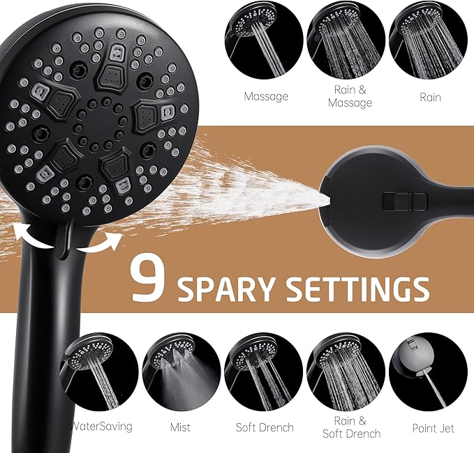 KES High Pressure 9 Functions Adjustable Handheld Shower Head with 30-Inch Shower Slide Bar & 59-Inch Hose, Built-in Power Wash to Clean Tub Tile & Pet, Wall Mount Matte Black 18/8 Stainless Steel