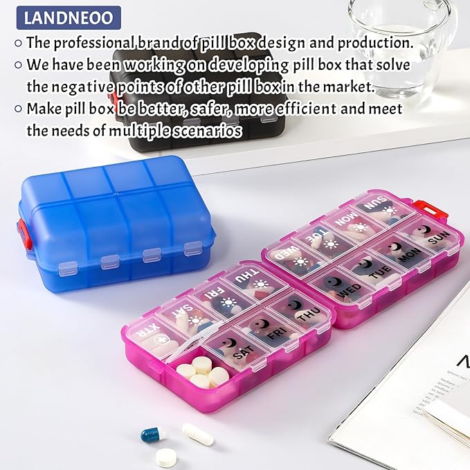 Foldable Weekly Pill Organizer 2 Times a Day with 2 Extra Compartments (Clear Printed Labels) - 7 Day AM PM Medicine Box, Week Daily Travel Pill Case Holder for Vitamin, Supplement - Clear Pink