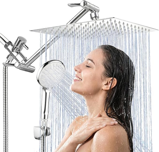 Shower Head, 10 Inch High Pressure Rainfall Shower Head/Handheld Shower Combo with 11 Inch Extension Arm, 9 Settings Adjustable Anti-leak Shower Head with Holder/Hose, Height/Angle Adjustable