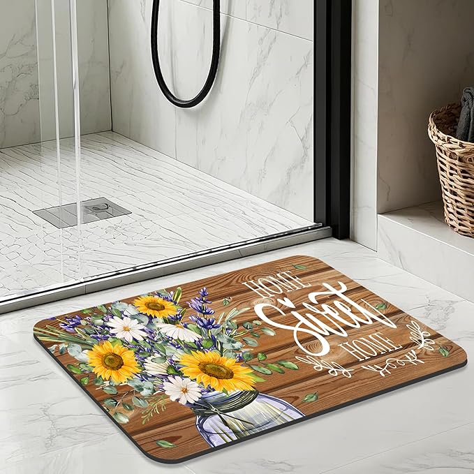 Quick Dry Bath Mat for Bathroom,Super Absorbent Sunflower Welcome Bath Rug Non-Slip Rubber,Machine Washable Bathroom Floor Mat for Shower, Tub, Sink Area Sweet Home Wooden 16x24