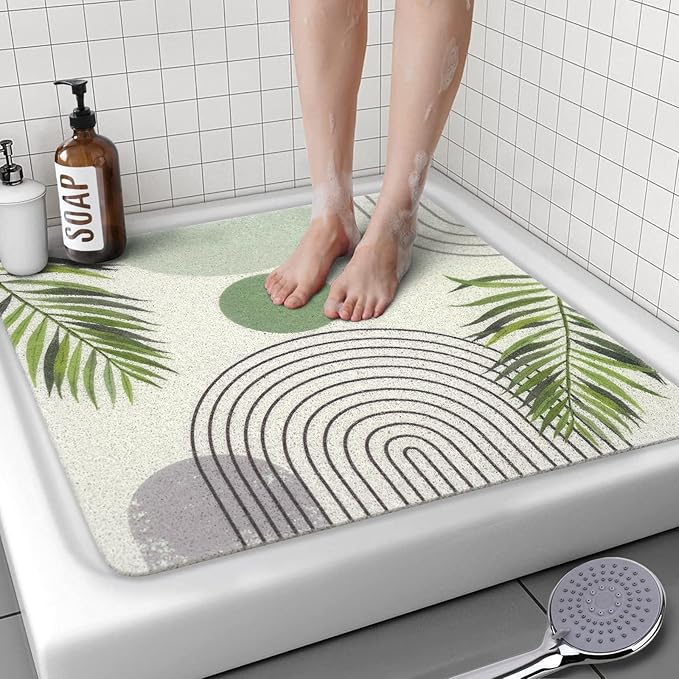 Square Shower Mat, 24 x 24 Inch Non Slip Bohemia Shower Stall Mat, Quick-Dry PVC Loofah Bath Mat for Shower Tub Bathroom