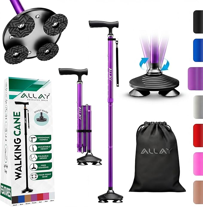 Allay Walking Canes for Men & Women - Adjustable Canes for Women for Stability, Self Standing Wide Quad Pivot Base, Light Weight, Soft Handle Grip and Travel Bag, Walking Sticks for Seniors & Adults