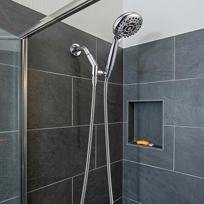 G-Promise Handheld Shower Head High Pressure 6 Spray Settings, Detachable Hand Held Showerhead 4.9 Inch Face with Extra Long Flexible Hose and Angled Bracket for Caddy & Shelf Installation