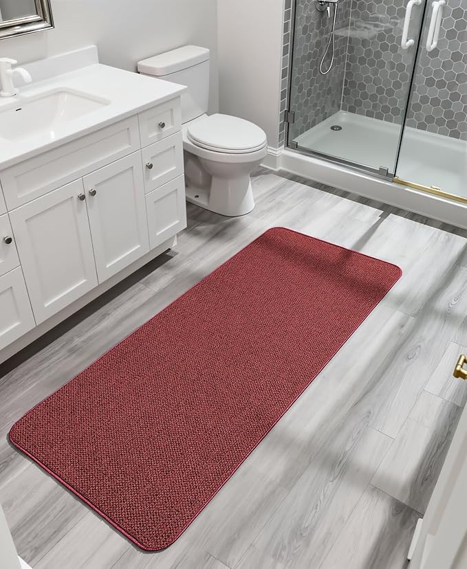 Bosap Bath Mat,Ultra Thin Bathroom Runner Rugs,Large Bath Mats for Bathroom,Quick Dry,Non-Slip,Machine Washable,Low Pile,Bath Rug,Shower Outside,Sink,Home Decor Accessories.Red,（21x47inch）