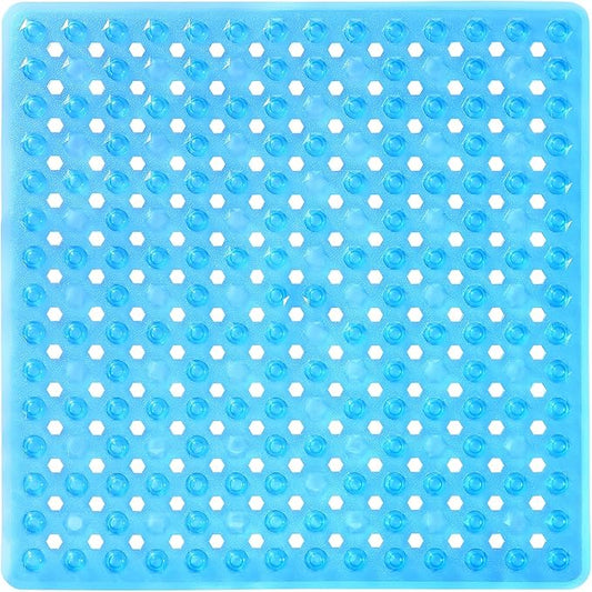 Yimobra Square Shower Floor Mat Non Slip, 21"x21" Machine Washable Bath Tub Mat, Soft on Feet, Bathmat with Drain Holes and Suction Cups, Fast Draining, Clear Blue