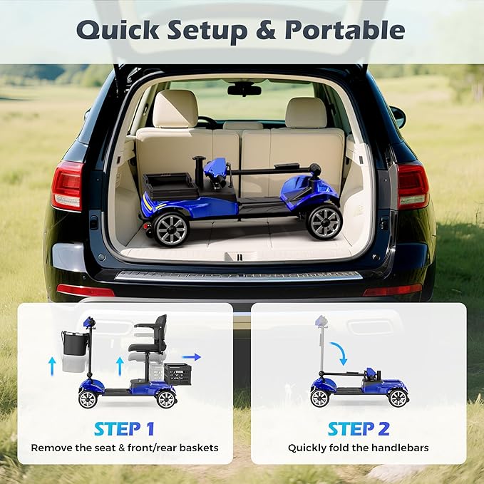 Mobility Scooter for Adults & Seniors with Removable Spare Battery - 24.8 Miles Total Range, Cruise & Airport Approved, Foldable Motorized Scooters with Dual Basket, Phone & Cup Holder, Blue