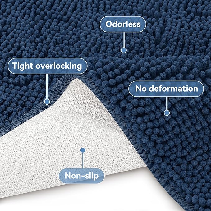 Bcoimo 48x24 Chenille Bath Mat – Non-Slip with Backing Bath Rug Ultra-Absorbent and Machine Washable Bathroom Mat Quick-Dry Design. Ideal for Bathroom Shower and Tub Areas