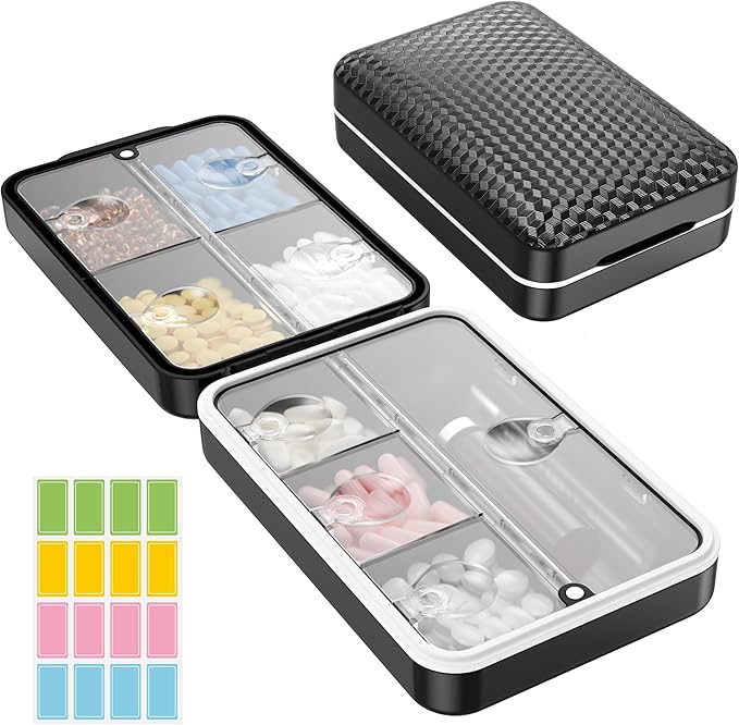 Restree Weekly Pill Organizer 8 Compartment, [Triple Seal Magnetic Lock] Travel Pill Case with Labels & Inner Lid, Moisture Proof for Vitamins, Fish Oil, Supplements, Daily Meds – 7+1 Large (Black)