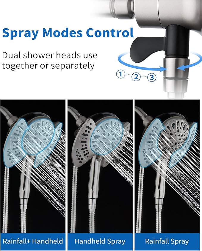 INAVAMZ 2-in-1 Shower Head with Handheld Combo: 2.5GPM Rainfall Shower Head & Detachable Shower Head Use Together or Alone, 9 Spray Settings Hand Held Showerhead with Hose, Nickel